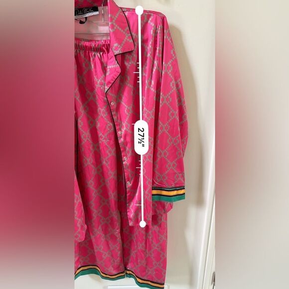 DALIA MACPHEE 2pc Satin Geo Print Pajama Top And Pants Set  in Pink and Green L - Picture 11 of 16